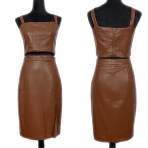 New JASON WU Faux Leather Chocolate Brown Midi skirt 2 Piece Set Large Vegan